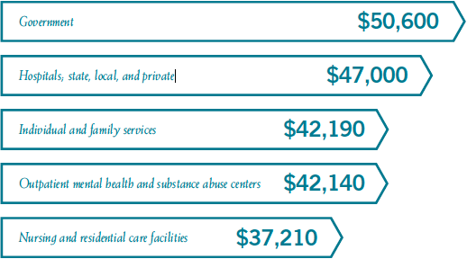Mental health counselor salaries by industry: Government, $50,600; Hospitals, state, local and private, $47,000; Individual and family services, $42,190; Outpatient mental health and substance abuse centers, $42,140; Nursing and residential care facilities, $37,210.