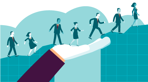 Illustration of diverse business professionals in suits climbing a hill.