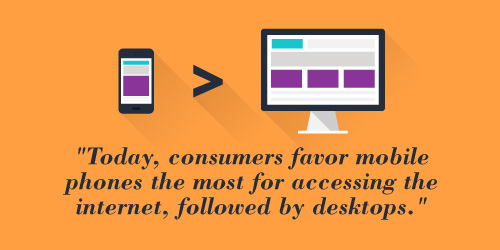 Graphic of smaller mobile phone use is greater than use of the larger desktop computer.