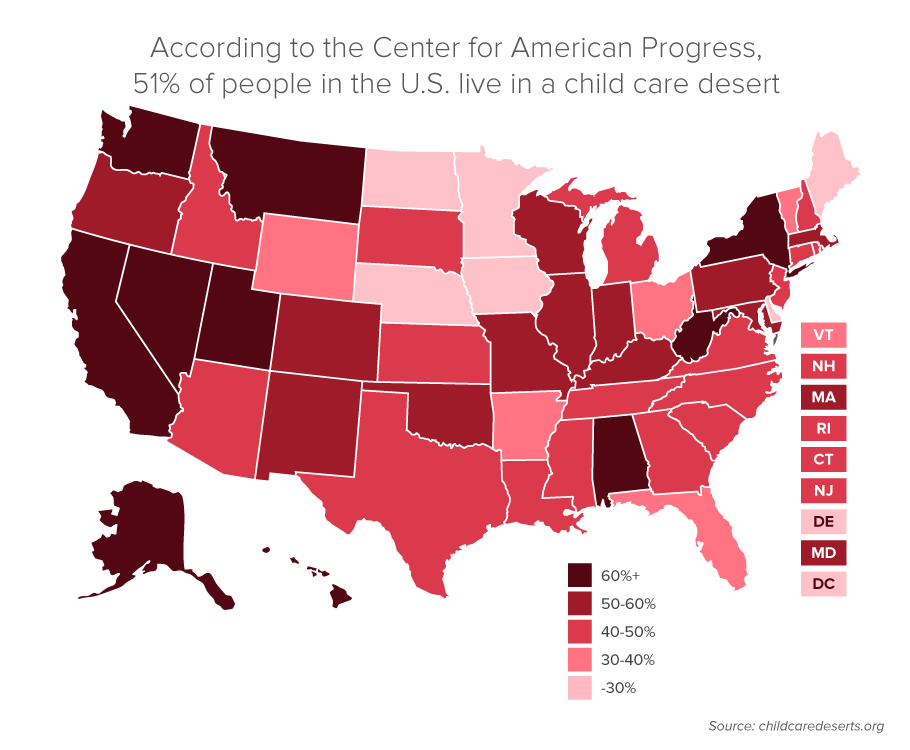 U.S. map showing "child care deserts", according to the Center for American Progress.