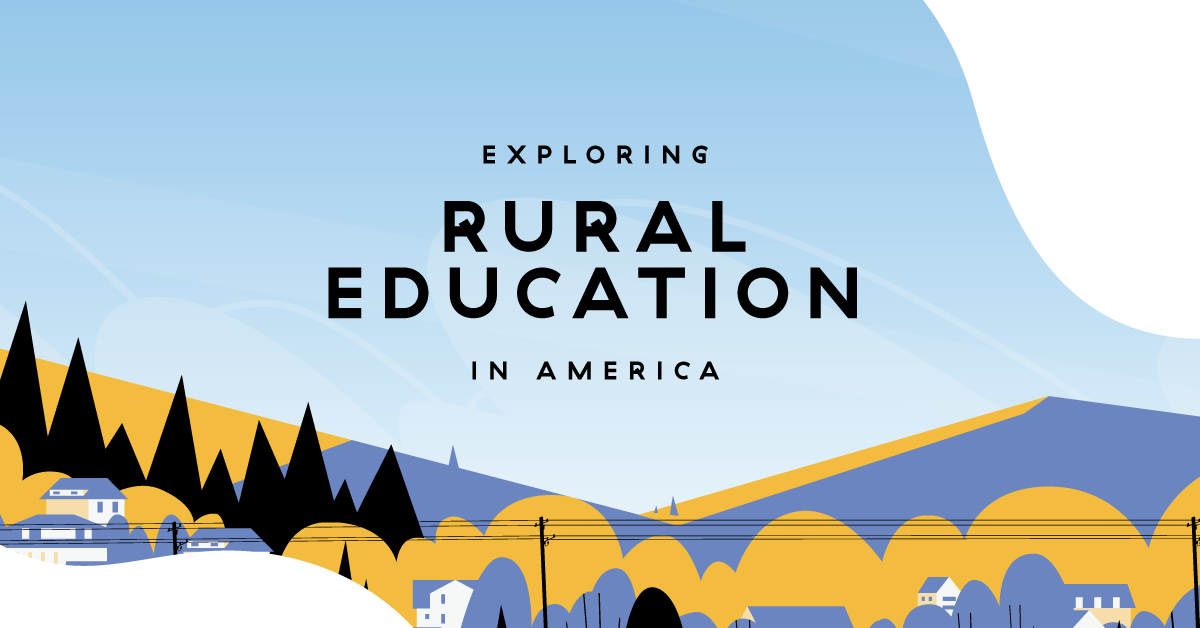 Illustrated title card of woods, hills and a small town with title text "Exploring Rural Education in America".