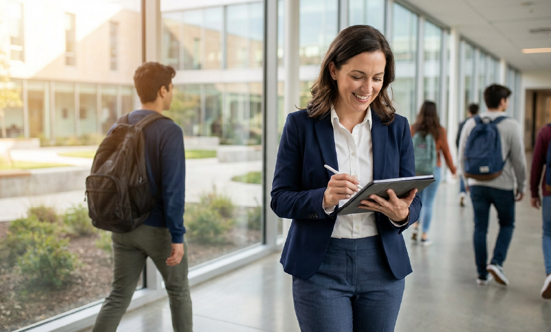 Female professional writing on tablet while walking through bright university corridor