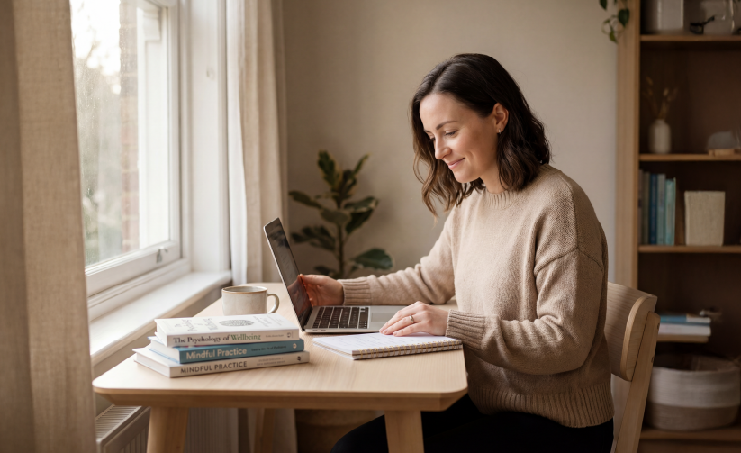 Woman in beige sweater studying on laptop at home desk with counseling and mindfulness books nearby